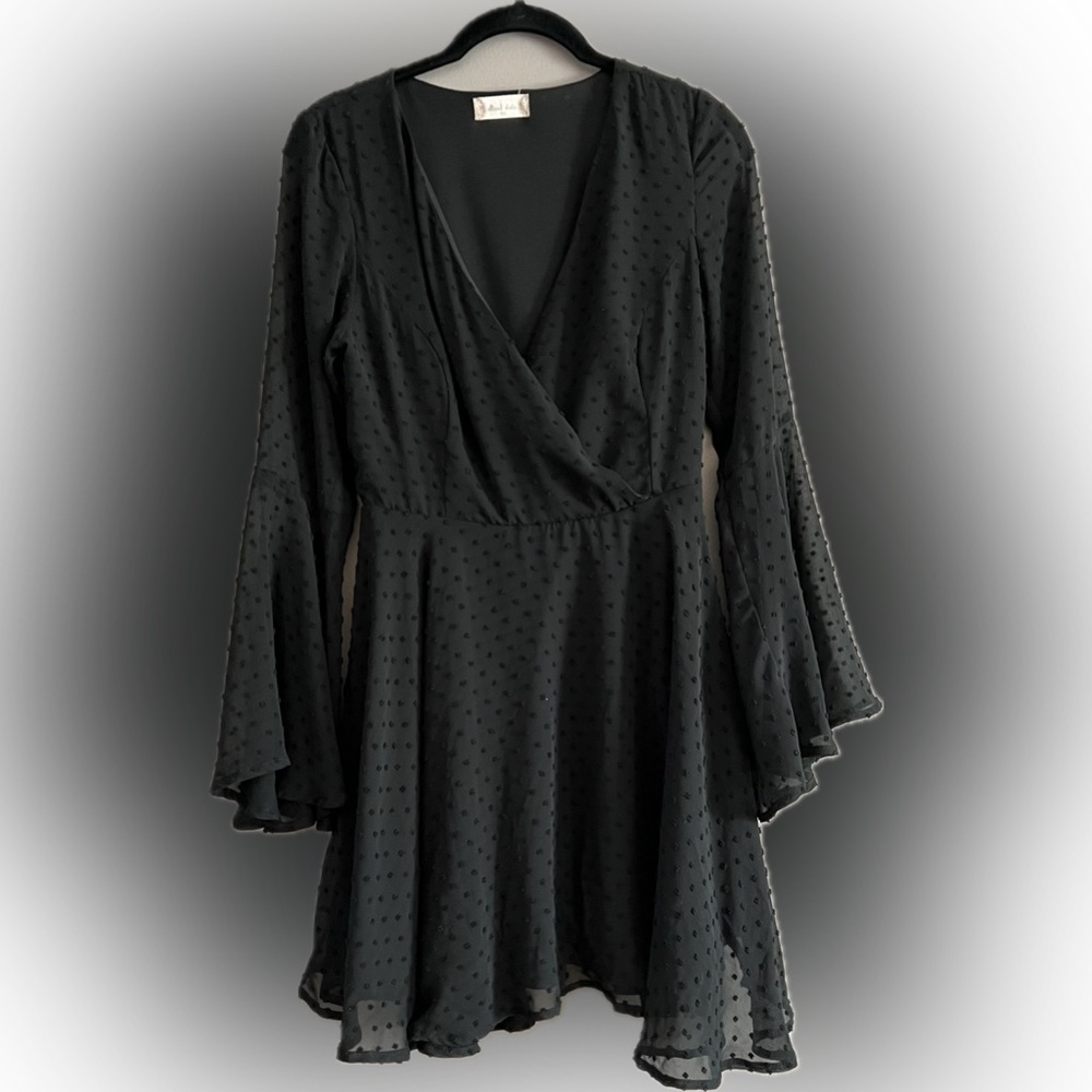 Altar’d State Gigi Mini Lace Dress XS Black Bell Sleeves Embroidered Swiss Dots